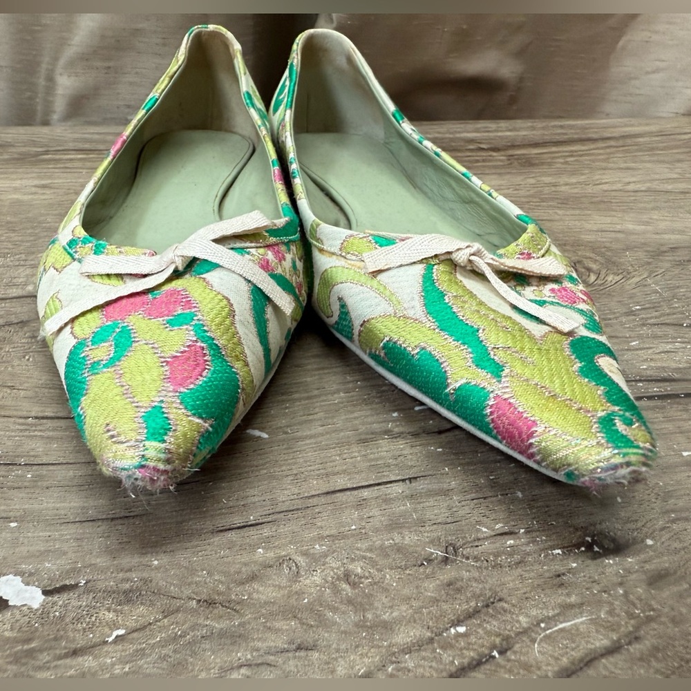 Vtg Prada SS2003 Green‎ Brocade Flat Shoes 37.5 - Picture 6 of 11